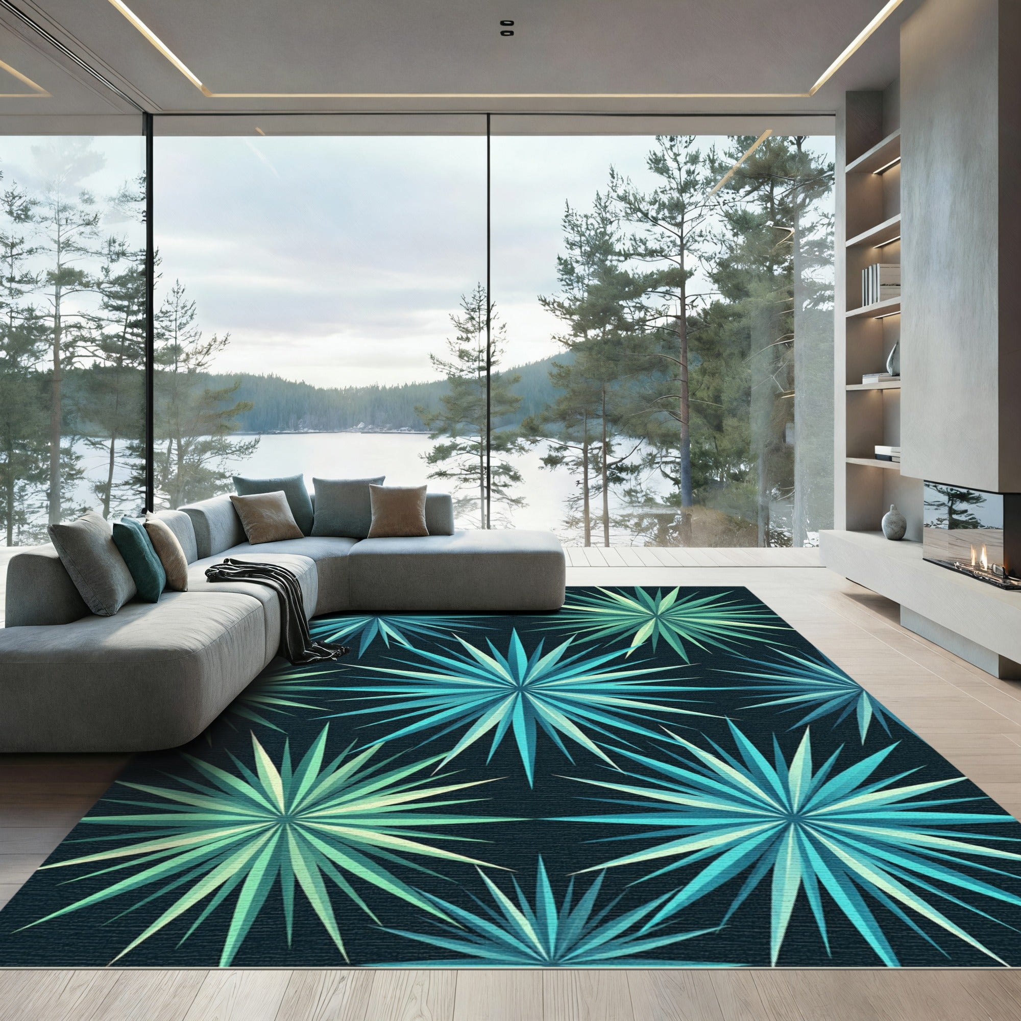 Geometric Teal Green Starburst Art Rug