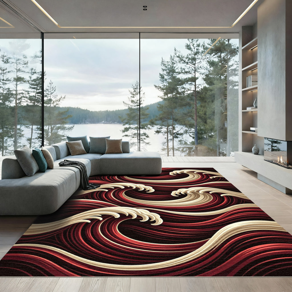Crimson Cream Dynamic Wave Flow Rug