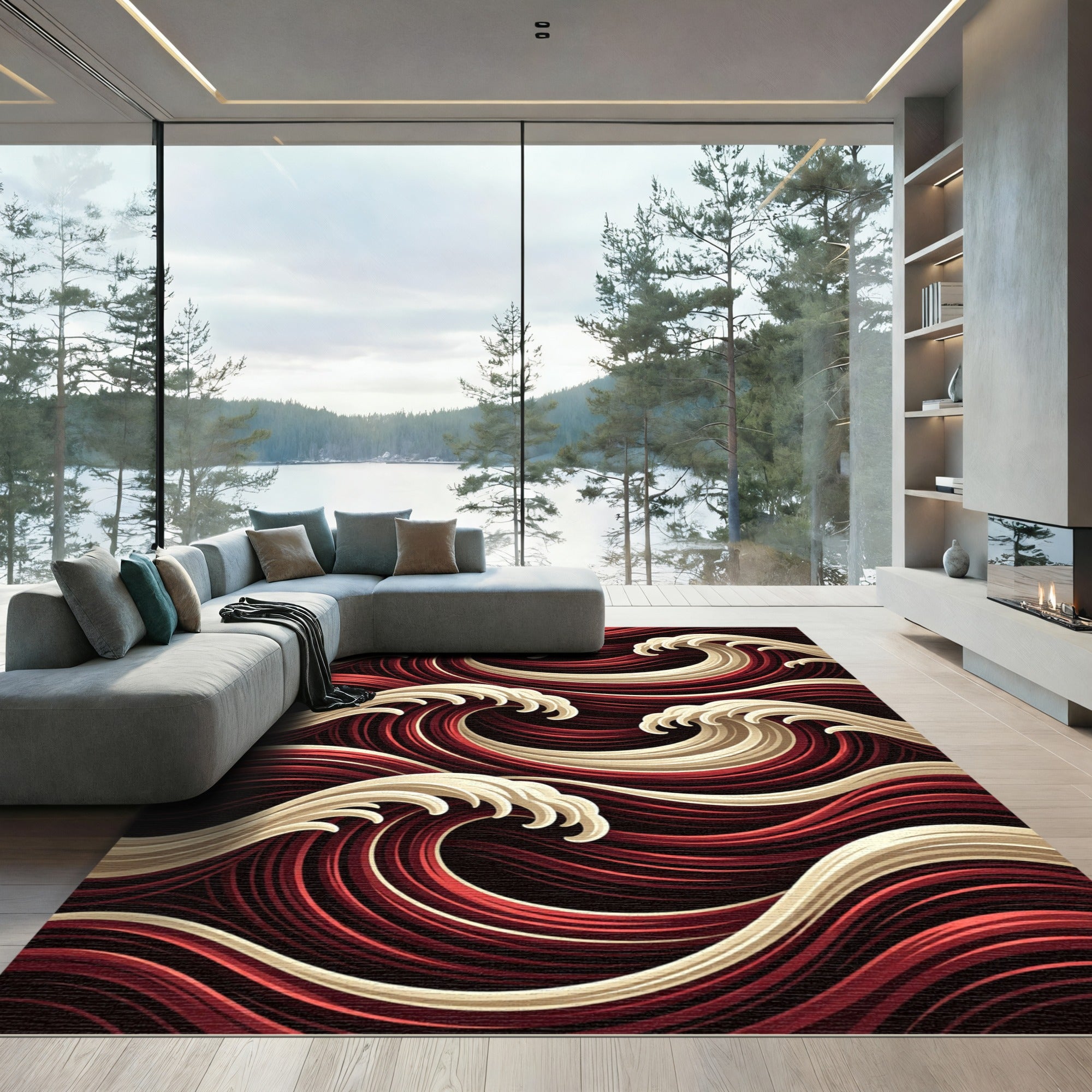 Crimson Cream Dynamic Wave Flow Rug