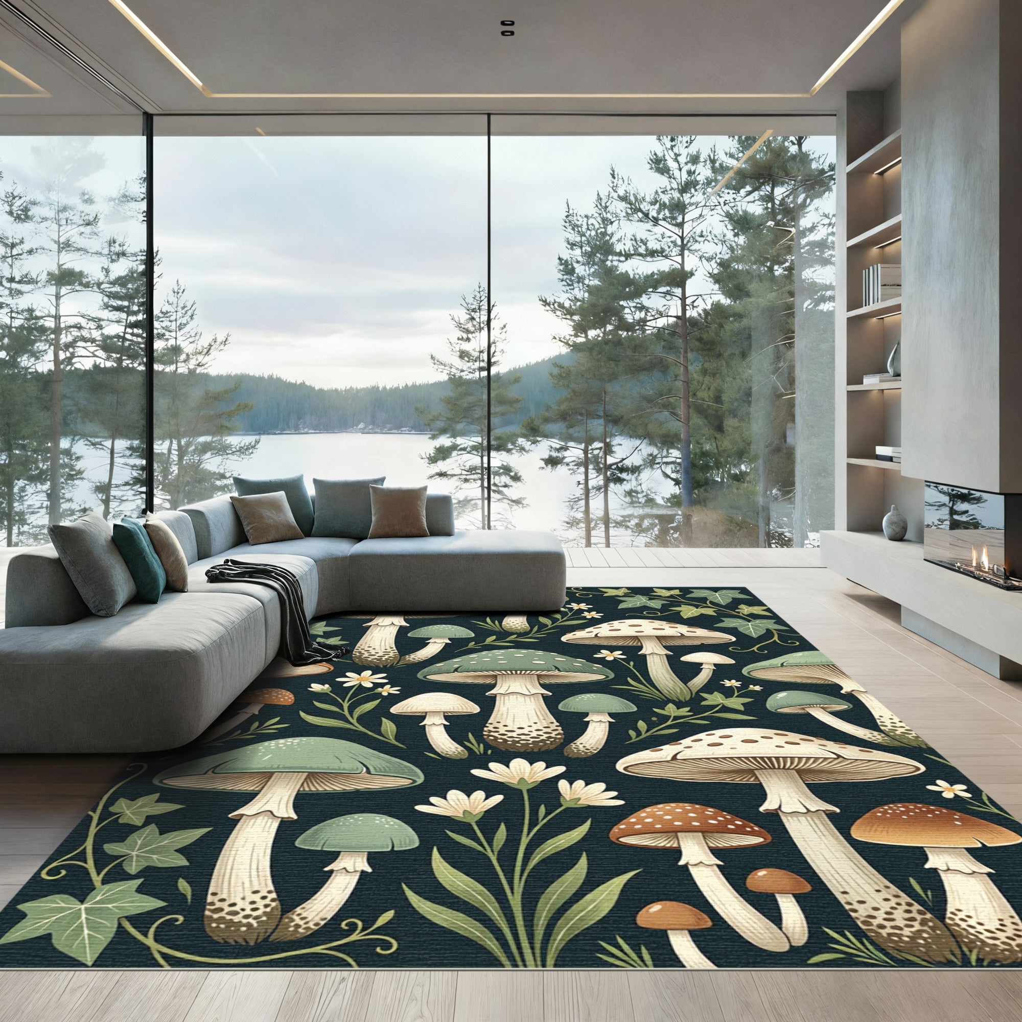 Botanical Sage Mushroom Forest Ivy Floor Art Rug