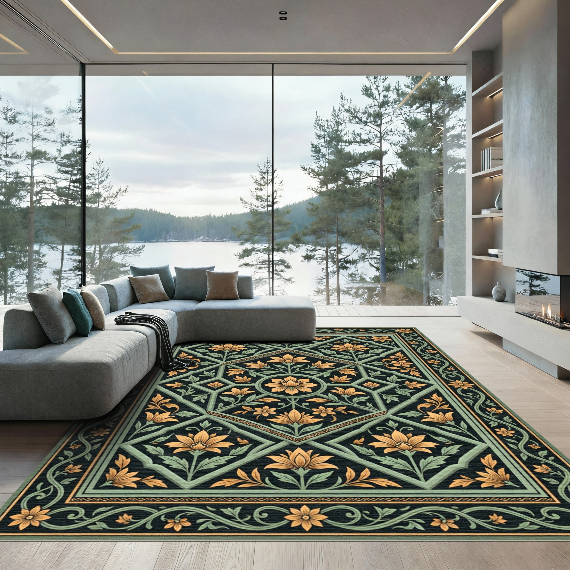 Golden Lotus Lattice Ornament Rug