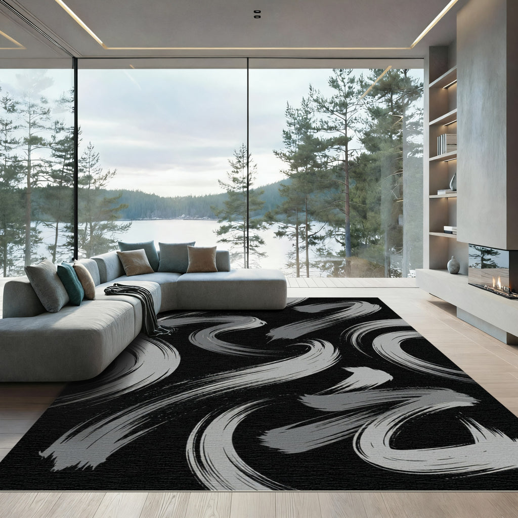 Modern Minimalist Gray Swirling Abstract Strokes Rug