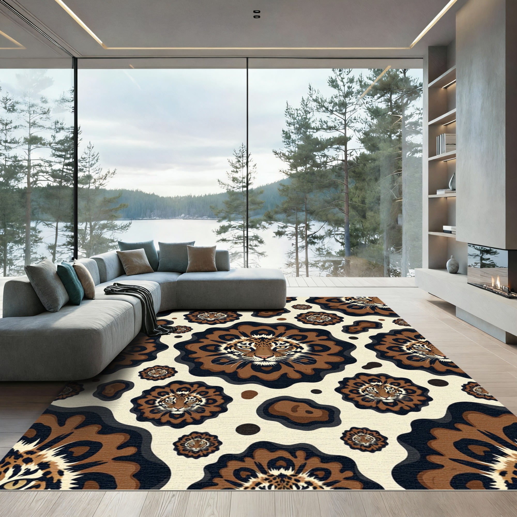 Earthy Tiger Face Floral Medallion Rug