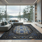 Folk Blue Fish Scroll Ornament Rug