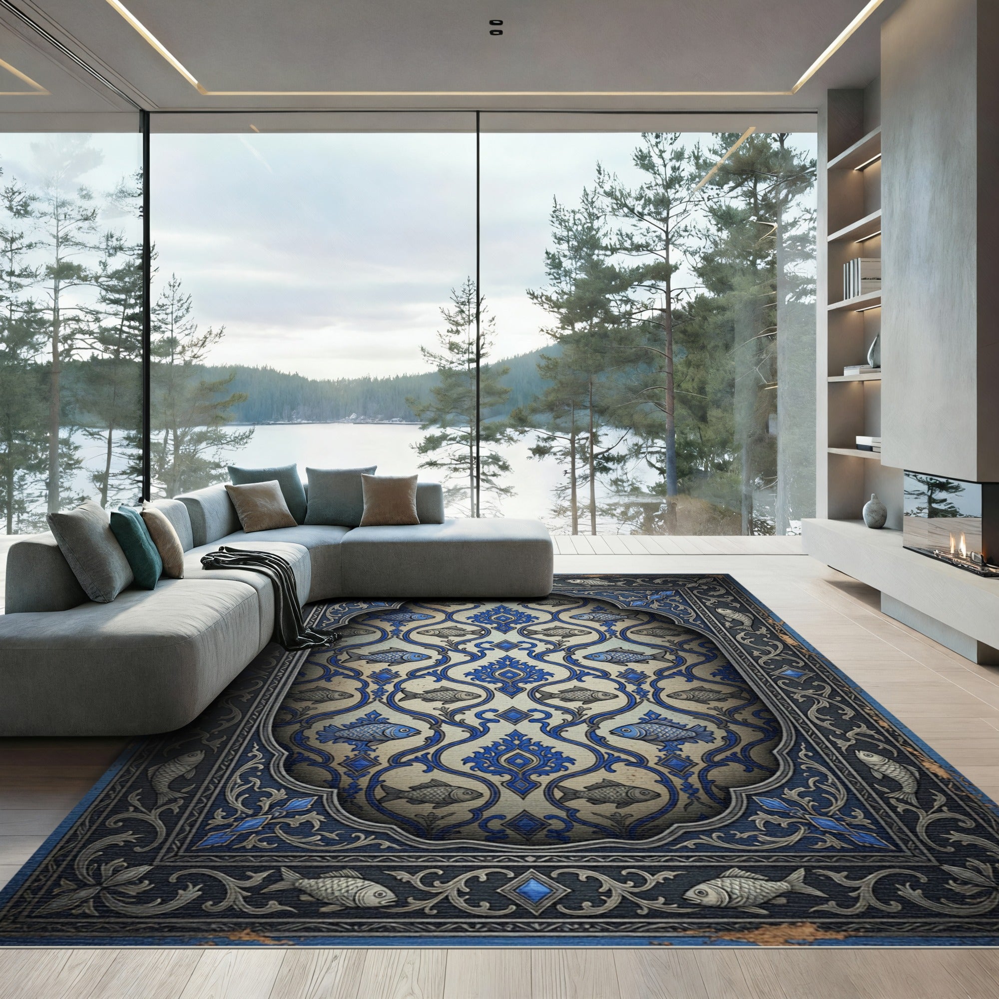 Folk Blue Fish Scroll Ornament Rug