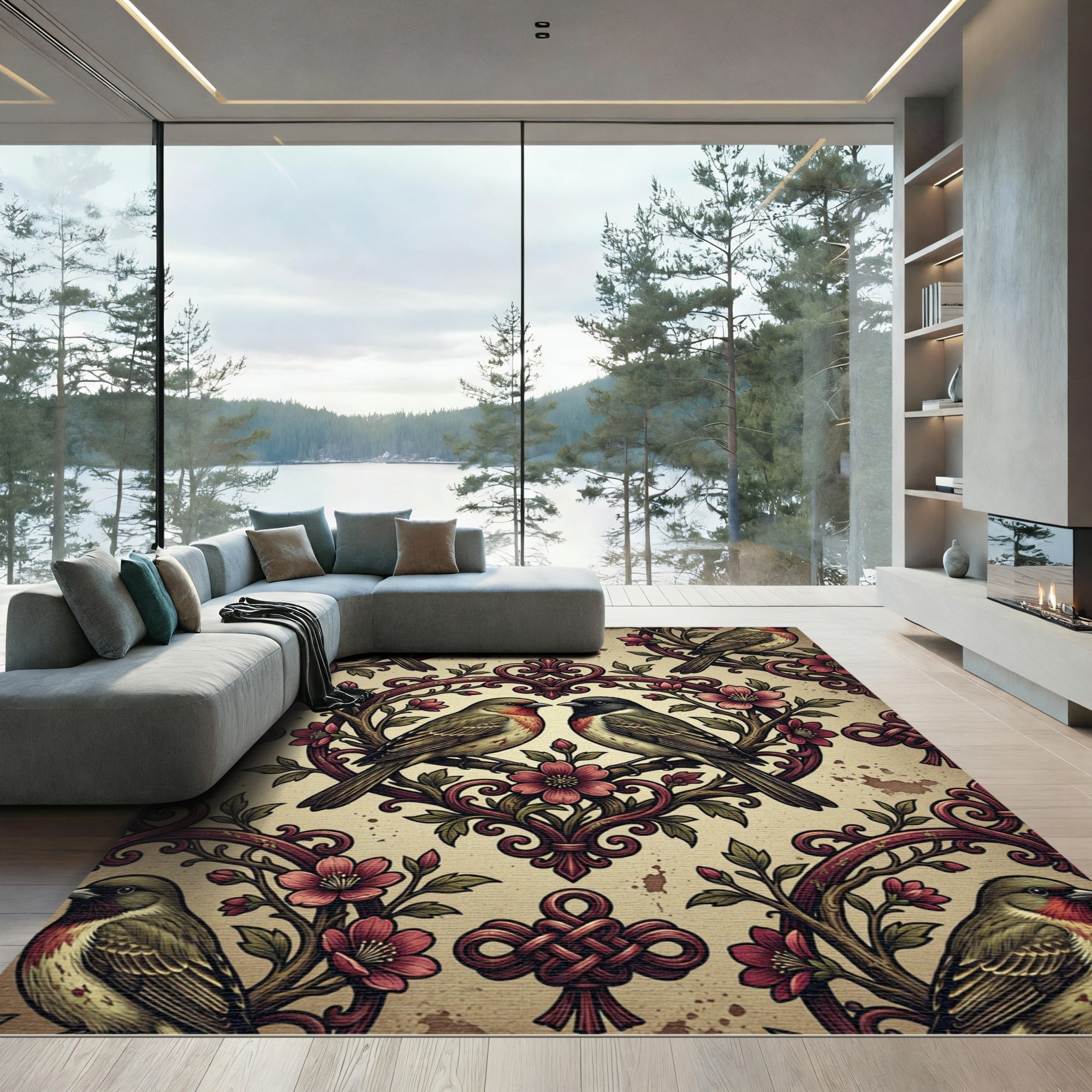 Crimson Birds Floral Garden Symmetry Rug