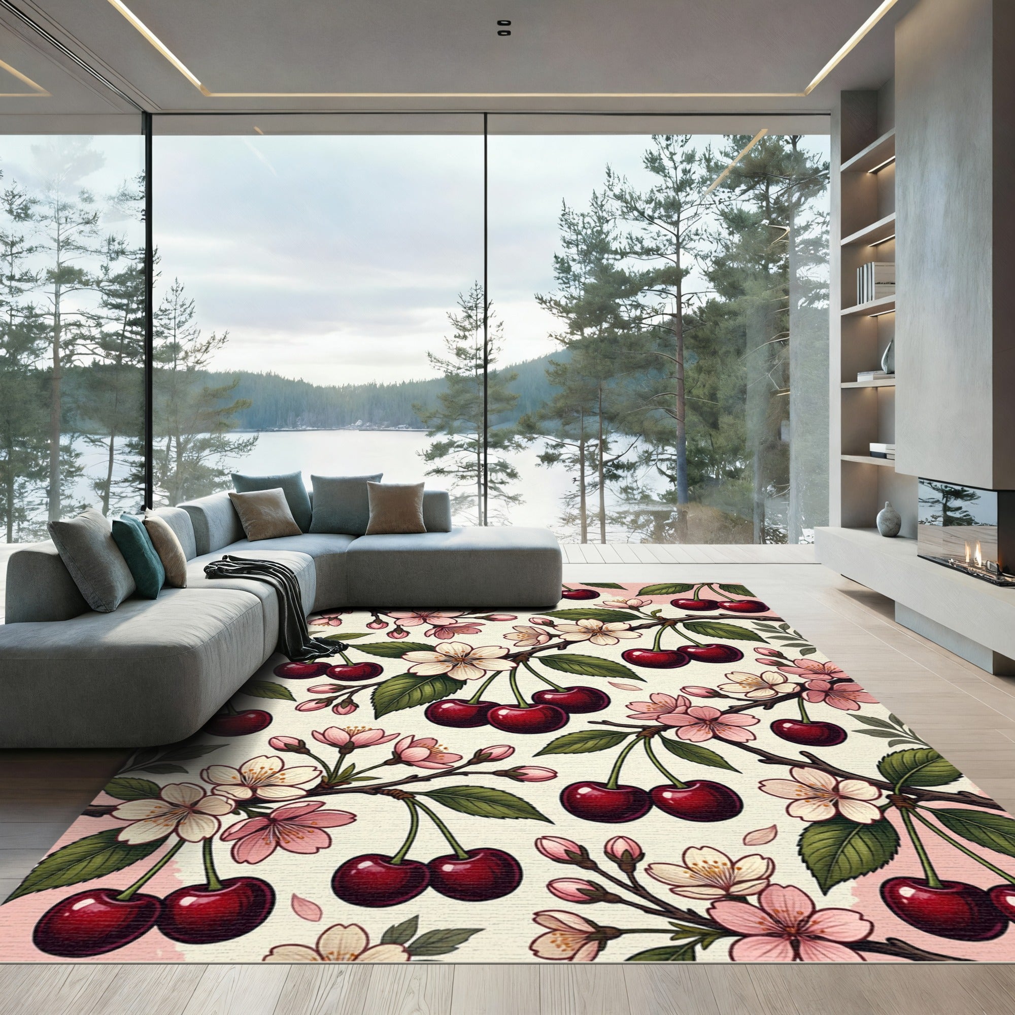 Blossoming Cherry Branch Botanical Art Rug