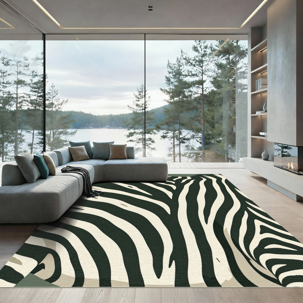 Dark Green Cream Zebra Stripes Rug