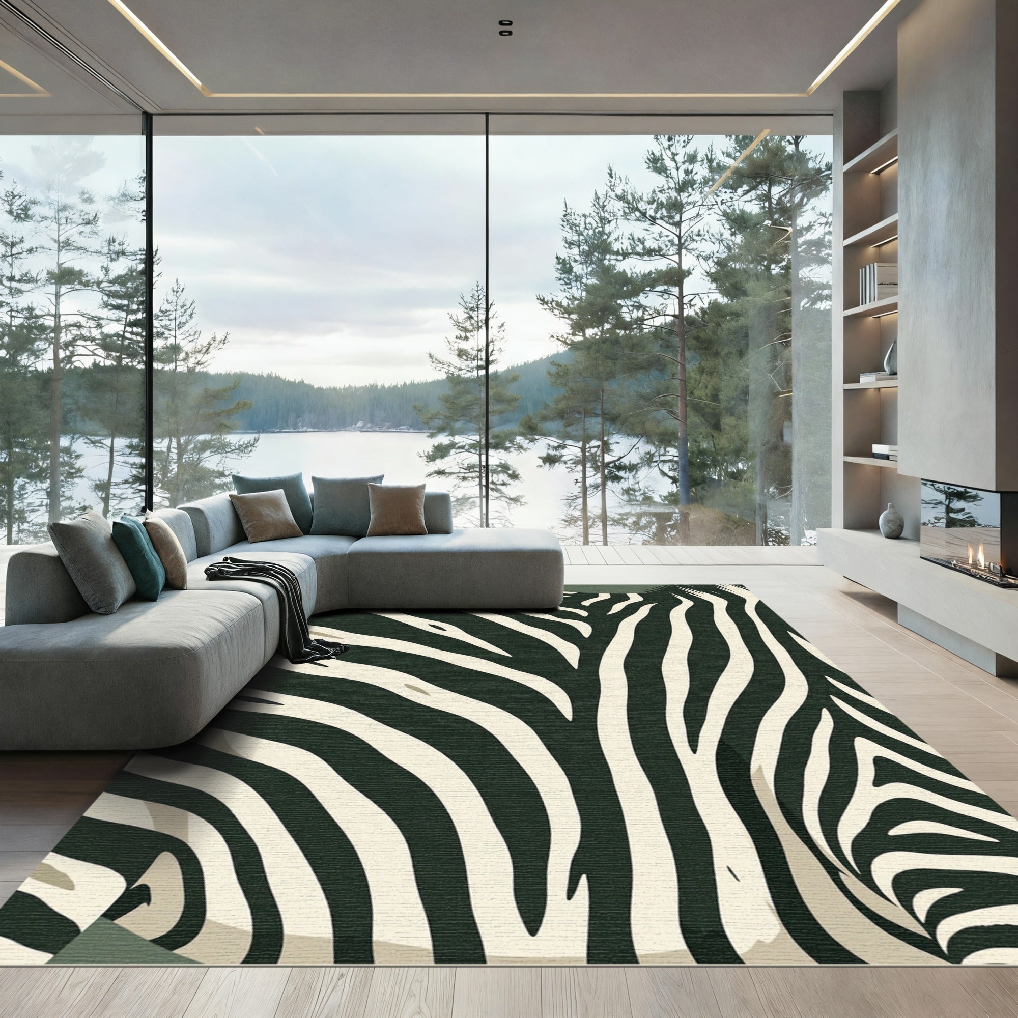 Dark Green Cream Zebra Stripes Rug