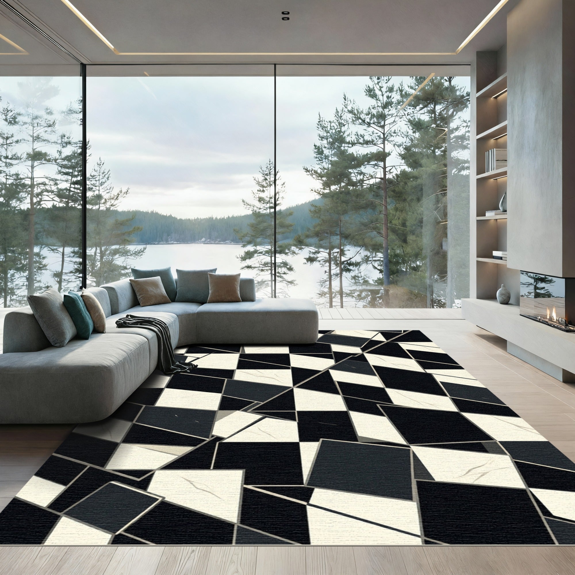 Monochrome Fractured Geometric Checkerboard Art Rug
