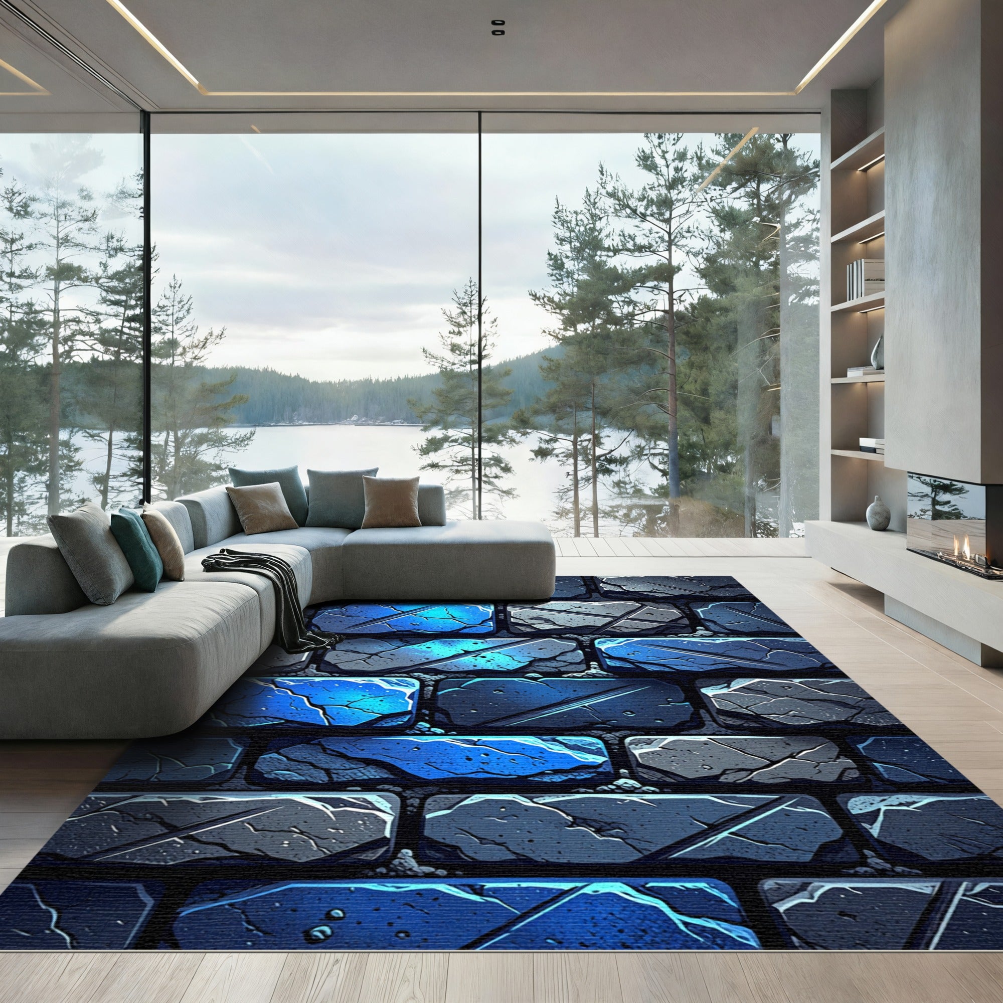Deep Blue Stone Brick Effect Rug