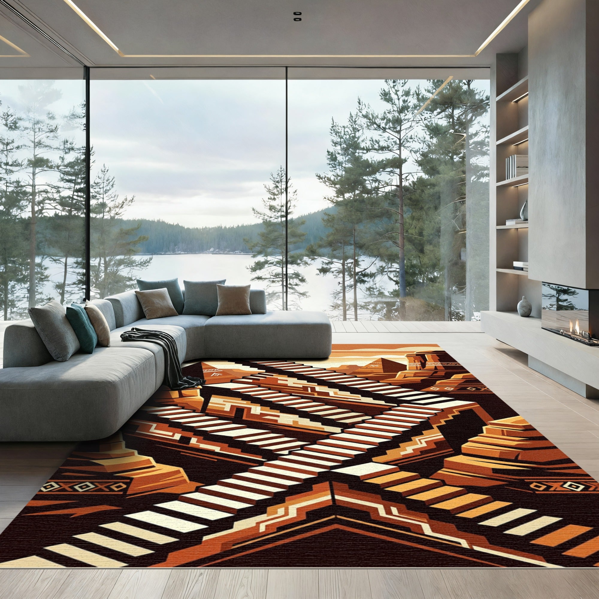 Terracotta Geometric Illusion Stairs Rug