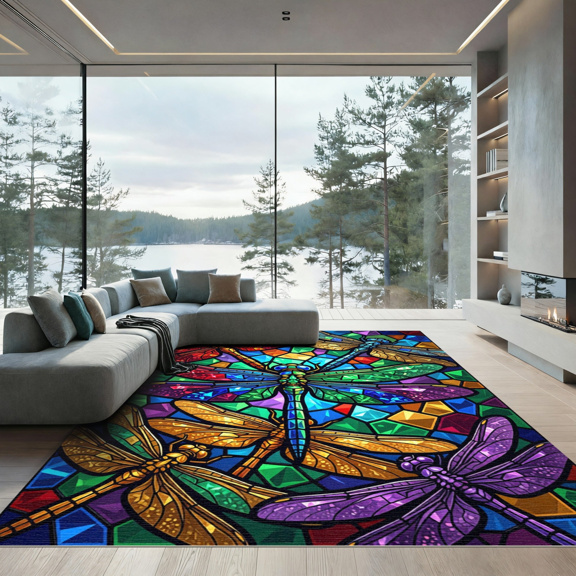 Stained Glass Dragonfly Jewel Mosaic Rug