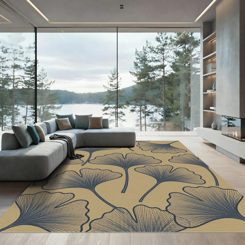 Navy Ginkgo Leaf Beige Background Rug