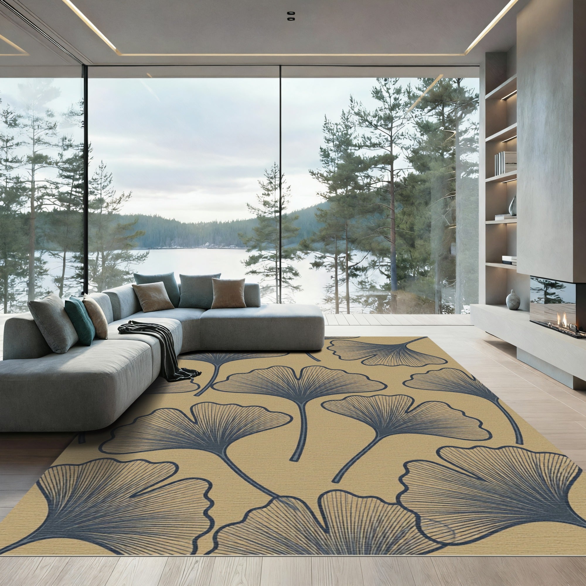 Navy Ginkgo Leaf Beige Background Rug
