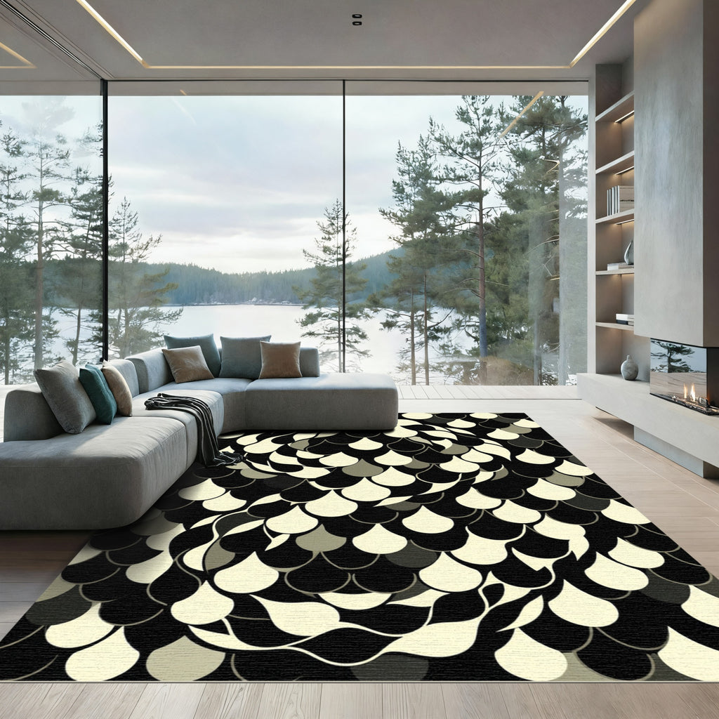 Monochrome Abstract Teardrop Geometric Swirl Rug