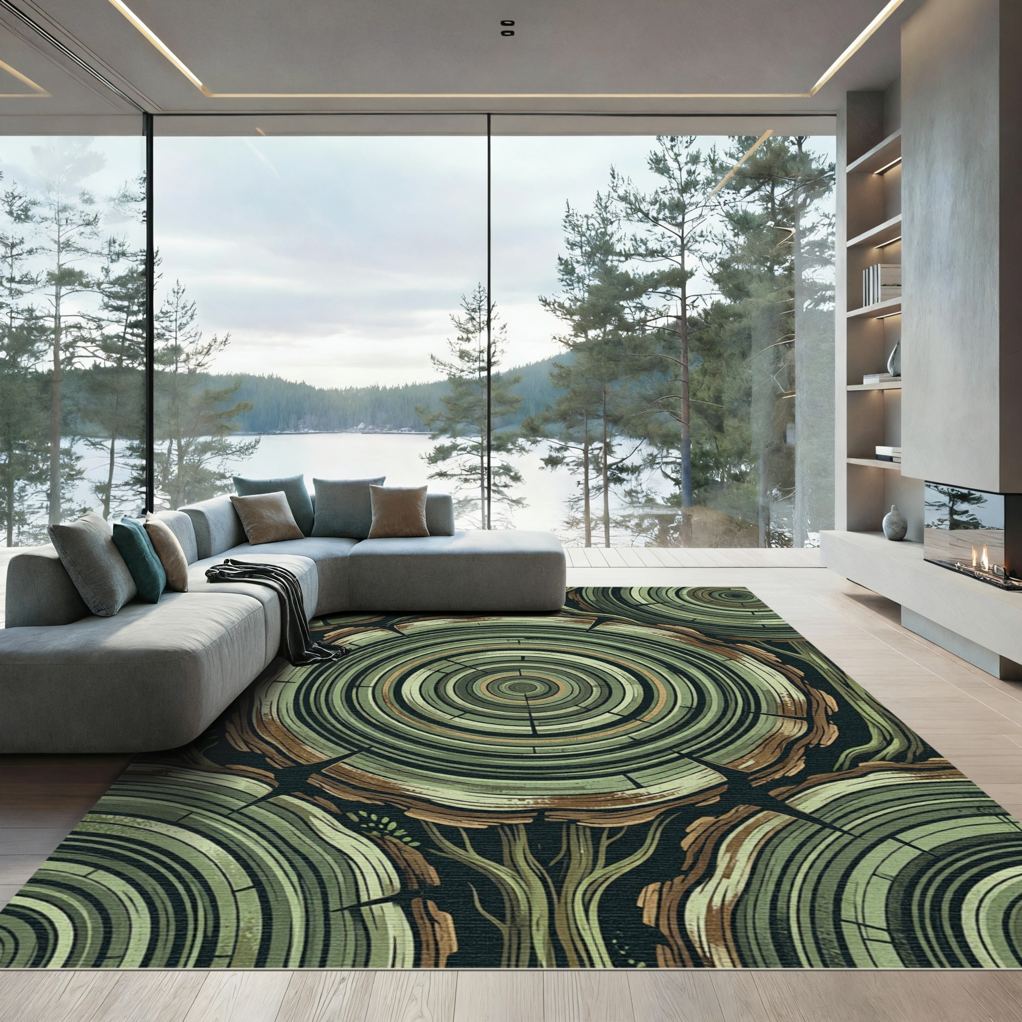 Abstract Green Tree Ring Concentric Rug