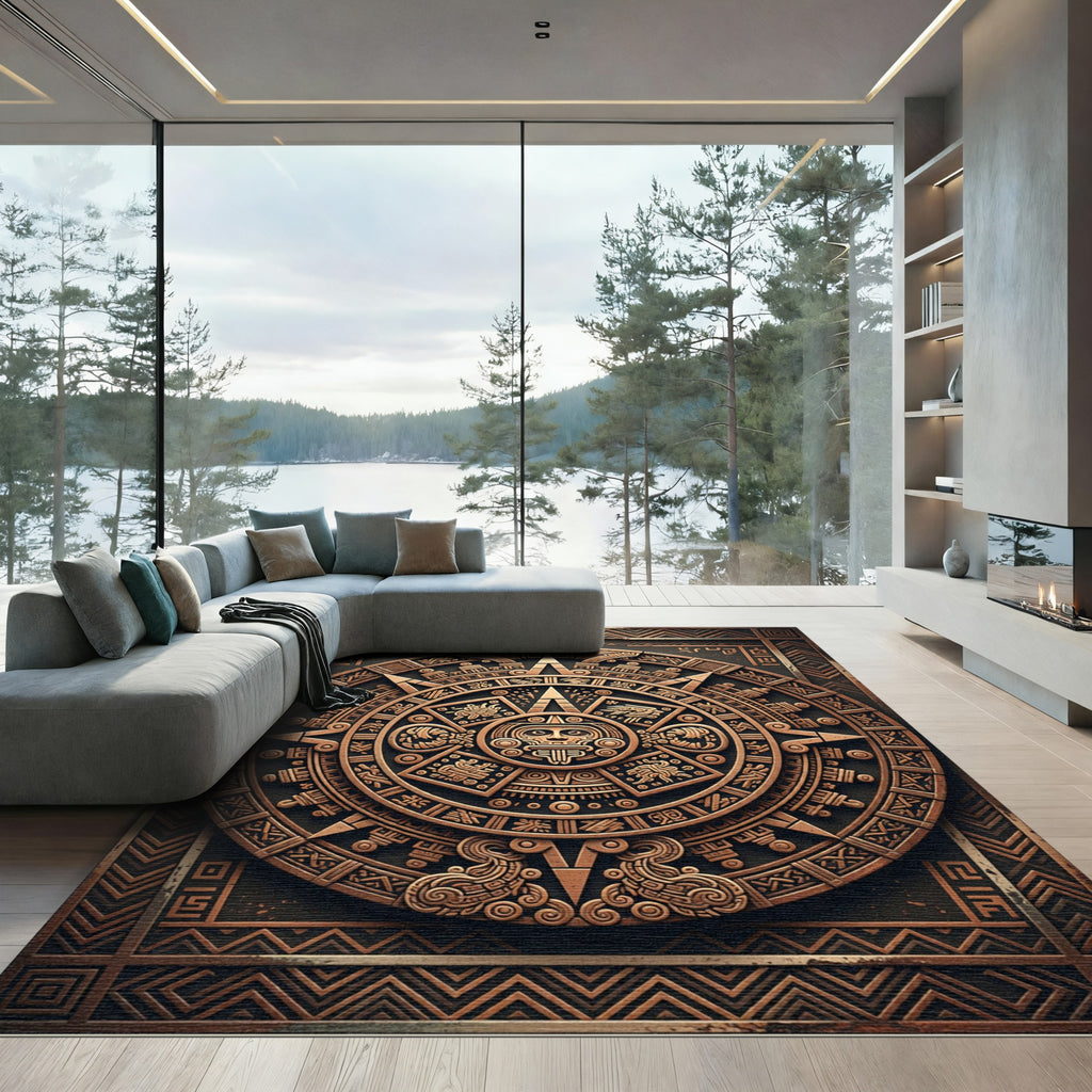 Bronze Aztec Sun Circular Medallion Rug