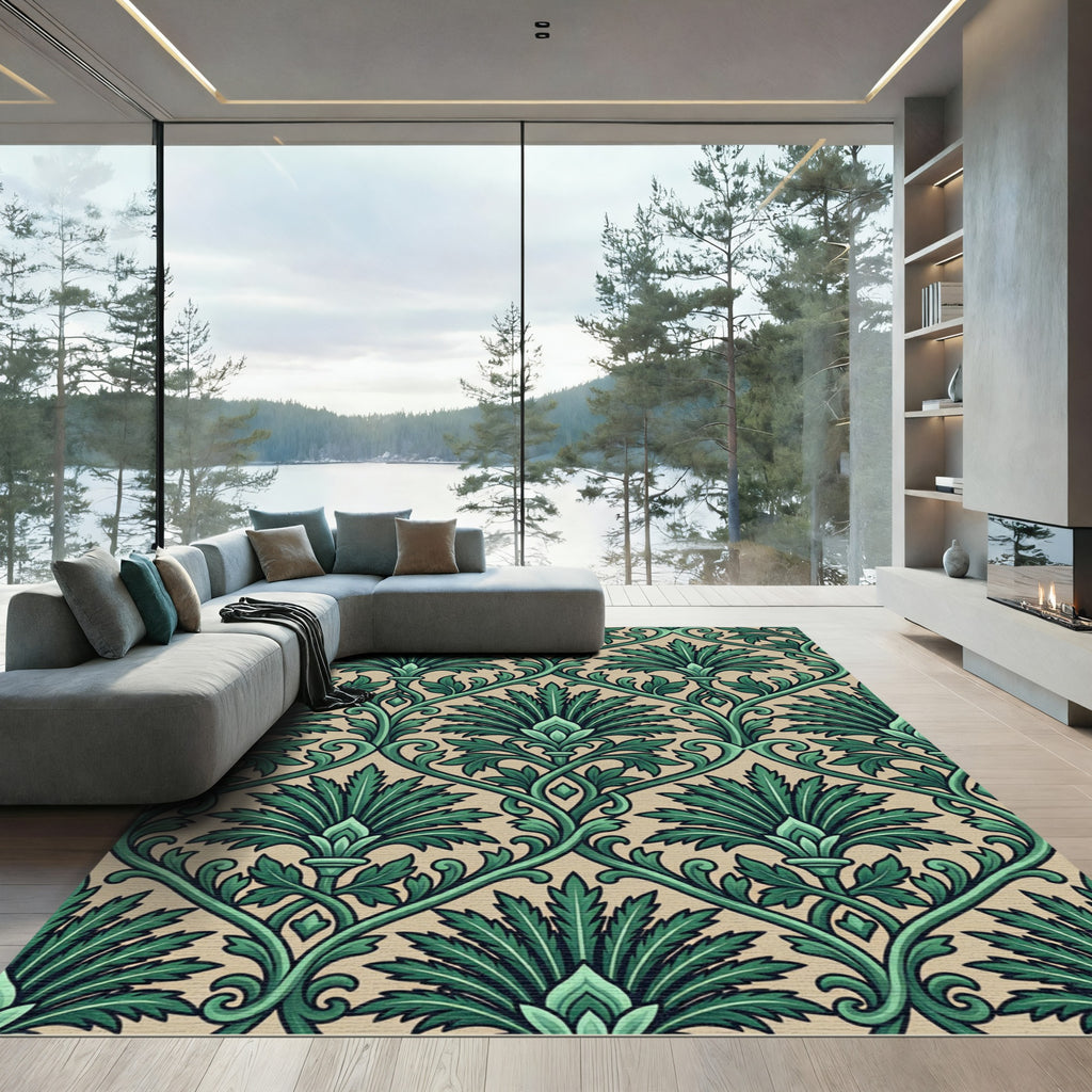 Emerald Green Damask Scroll Rug