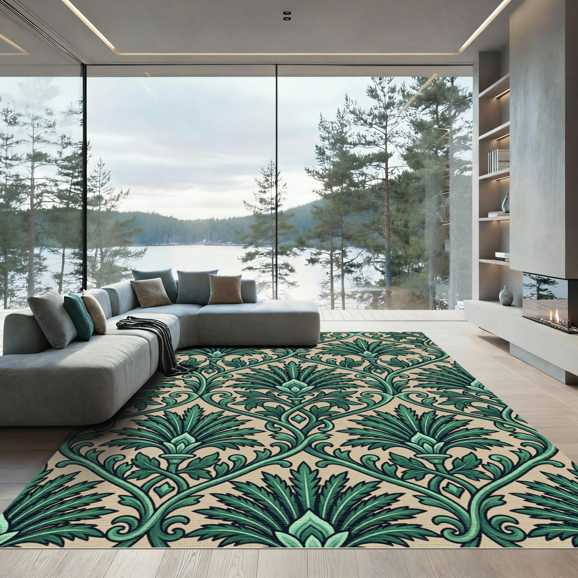 Emerald Green Damask Scroll Rug