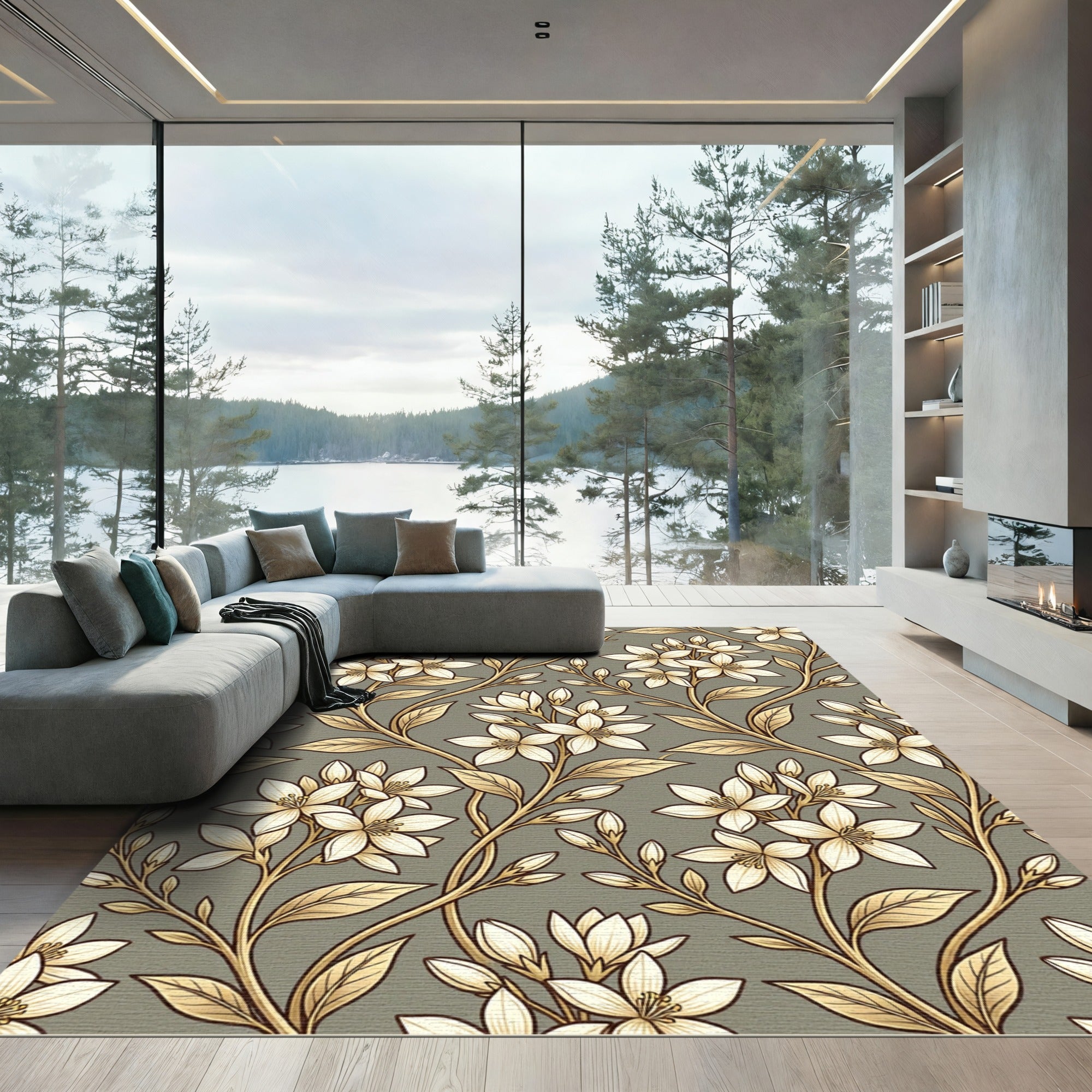 Cream Floral Vine Art Nouveau Rug
