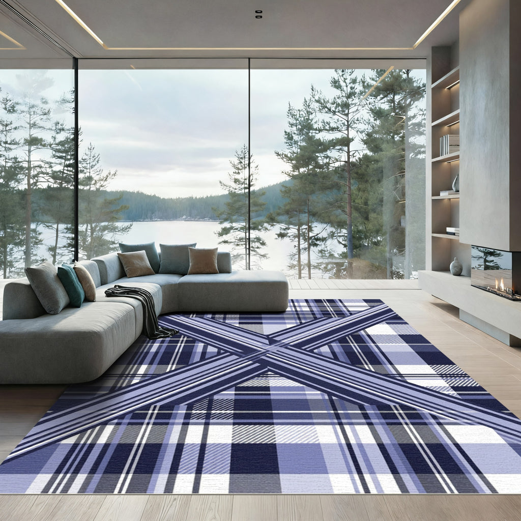 Modern Navy Blue Geometric Plaid Rug