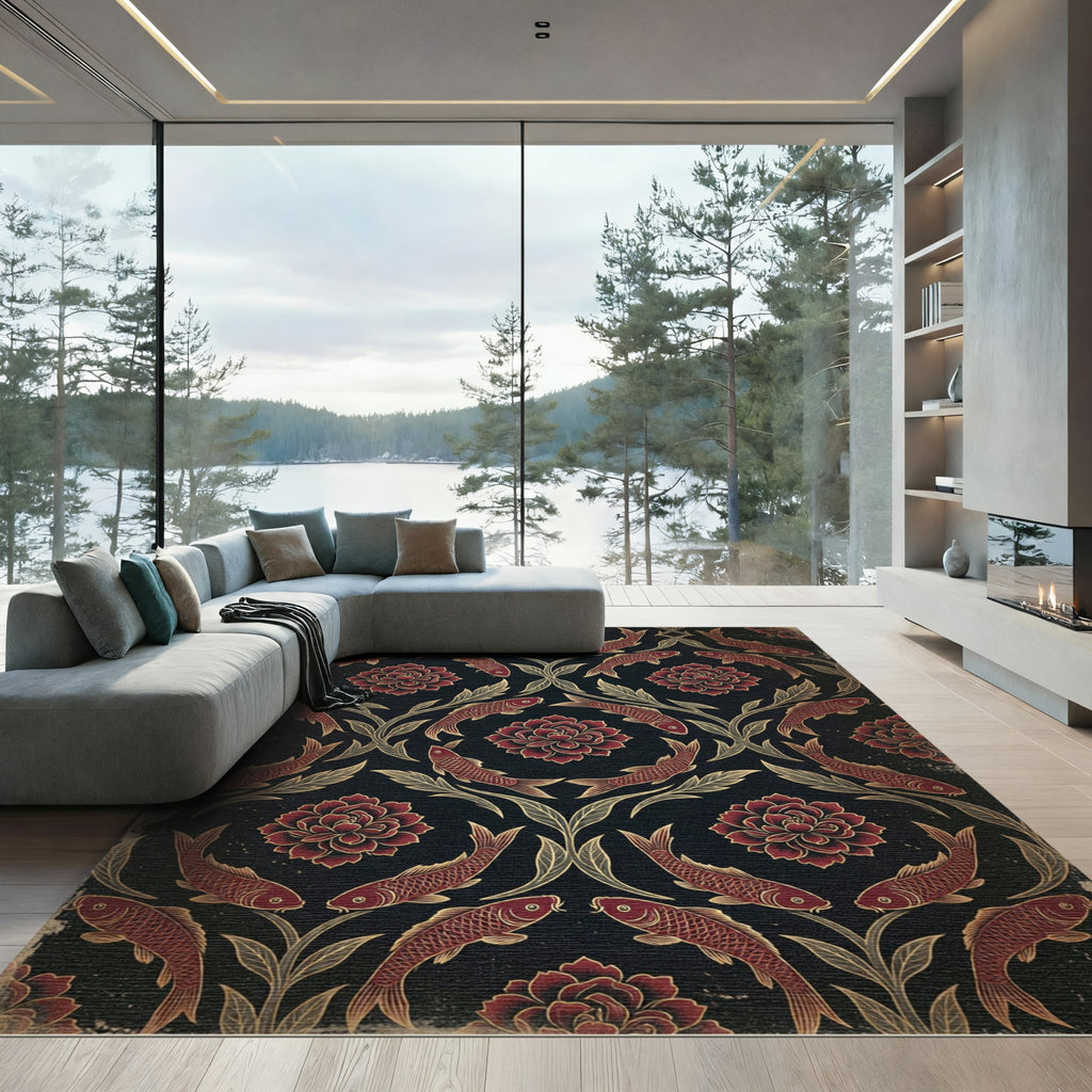 Vintage Crimson Koi and Peony Foliage Rug