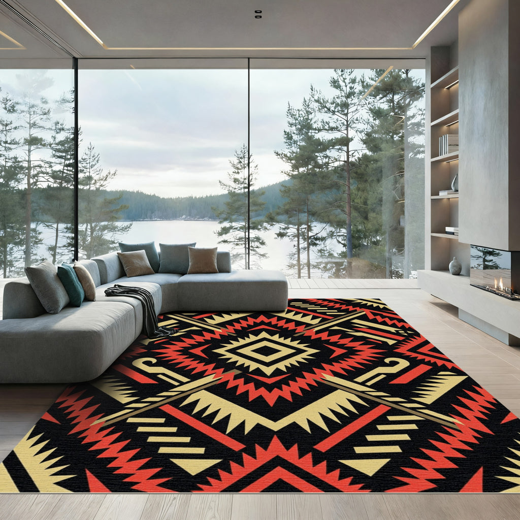 Bold Red and Gold Geometric Diamond Rug