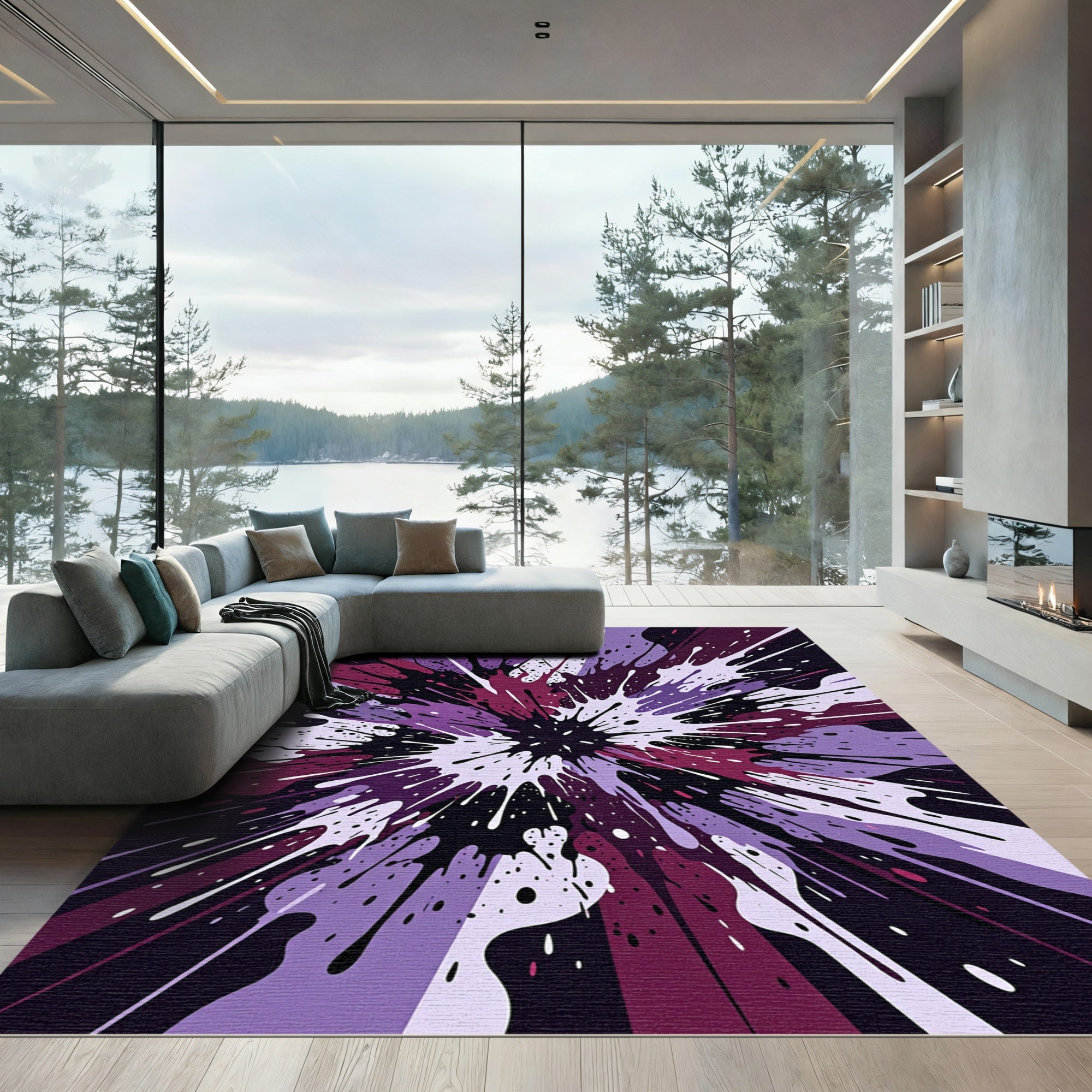 Abstract Purple Black Paint Splash Art Rug