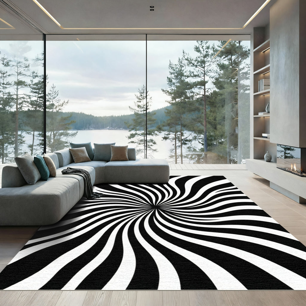 Monochrome Black and White Swirl Rug