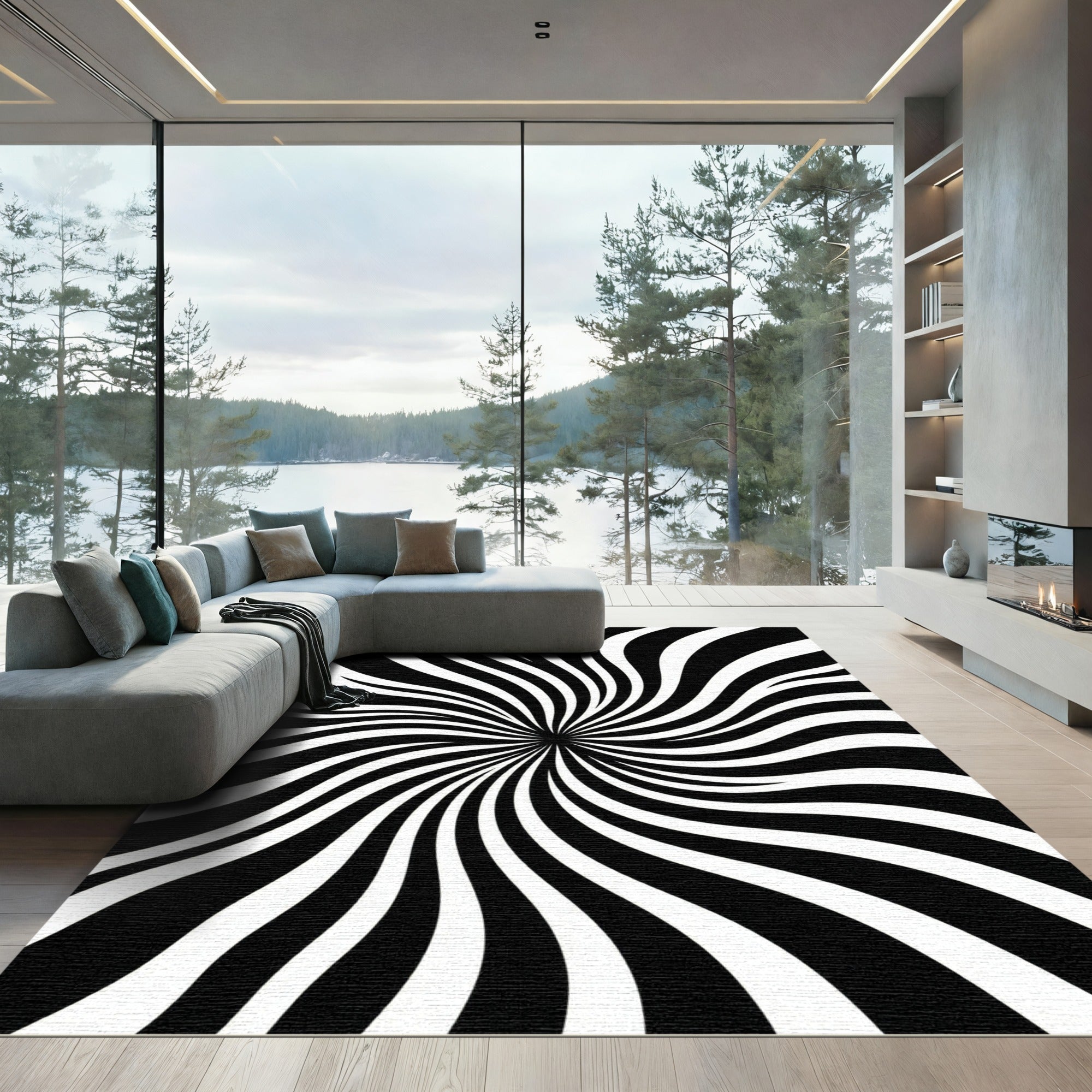 Monochrome Black and White Swirl Rug