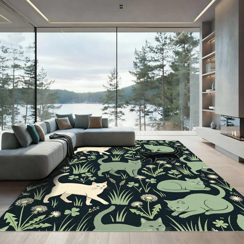 Playful Cream Gray Black Cats Meadow Rug