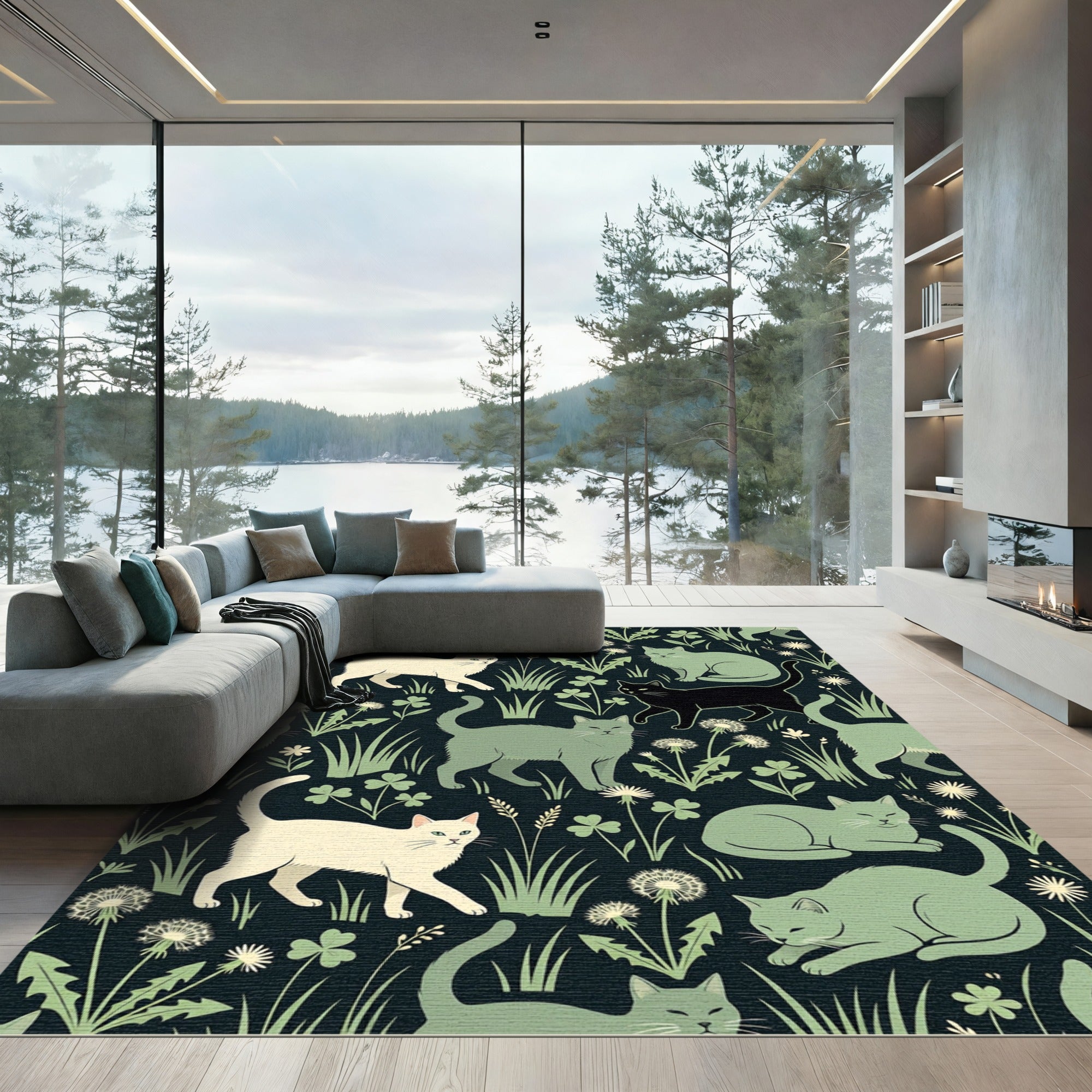 Playful Cream Gray Black Cats Meadow Rug