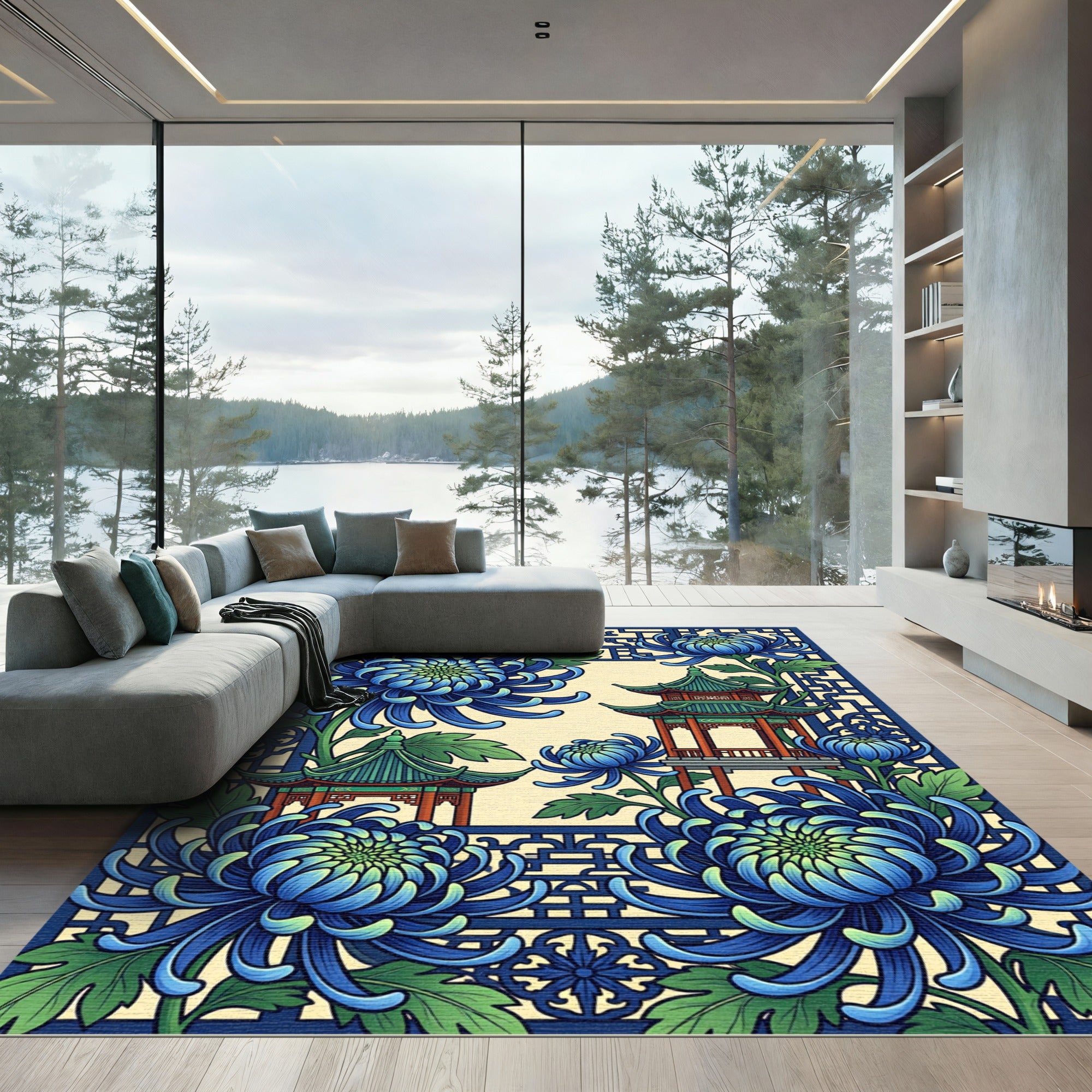 Blue Chrysanthemum Pagoda Orient Window Rug