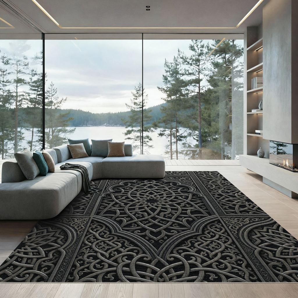 Intricate Charcoal Silver Interlocking Geometric Scroll Rug