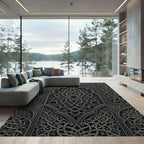Intricate Charcoal Silver Interlocking Geometric Scroll Rug