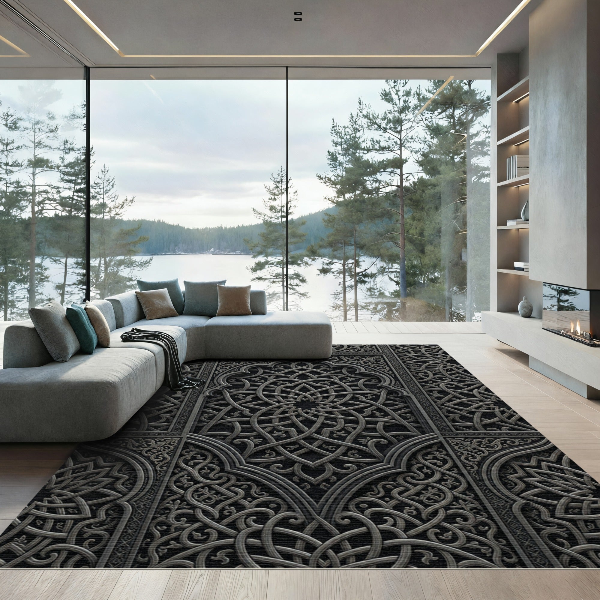 Intricate Charcoal Silver Interlocking Geometric Scroll Rug