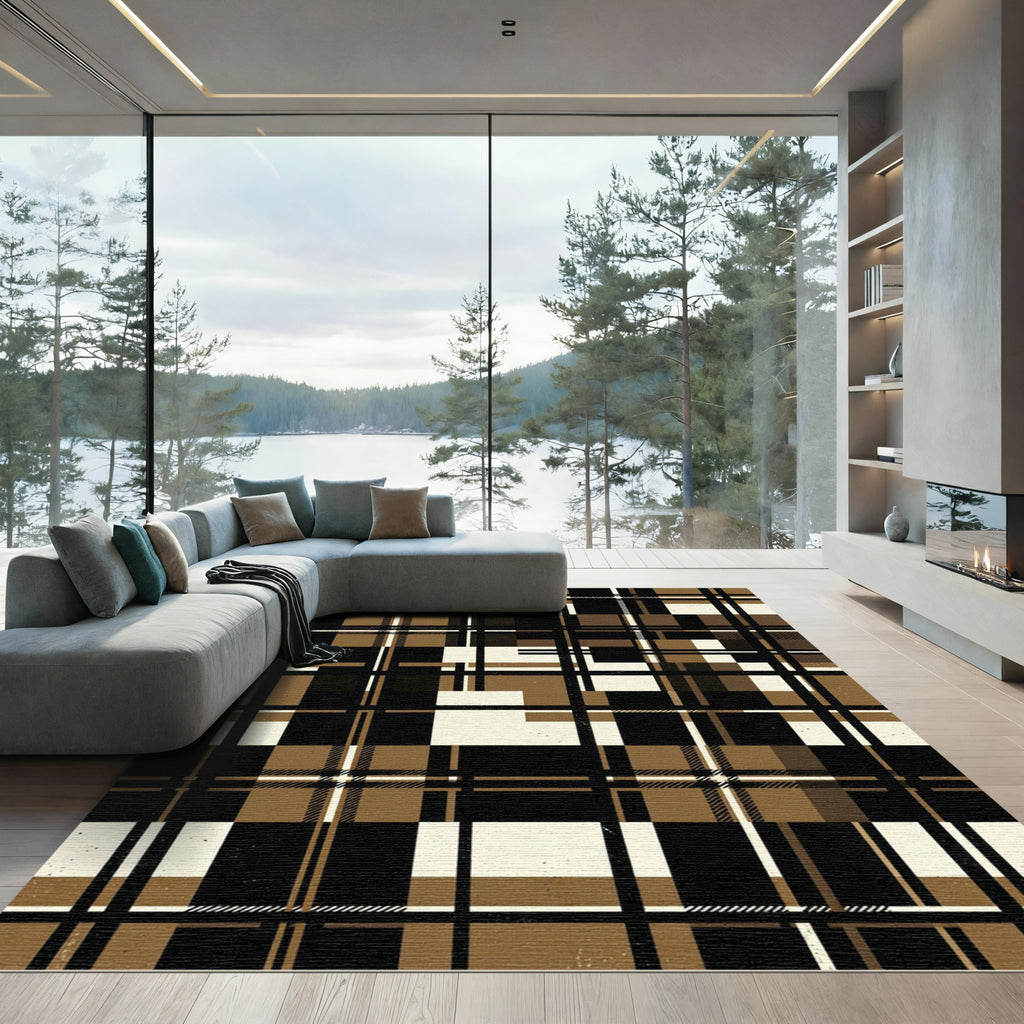 Minimalist Black and Tan Plaid Grid Rug