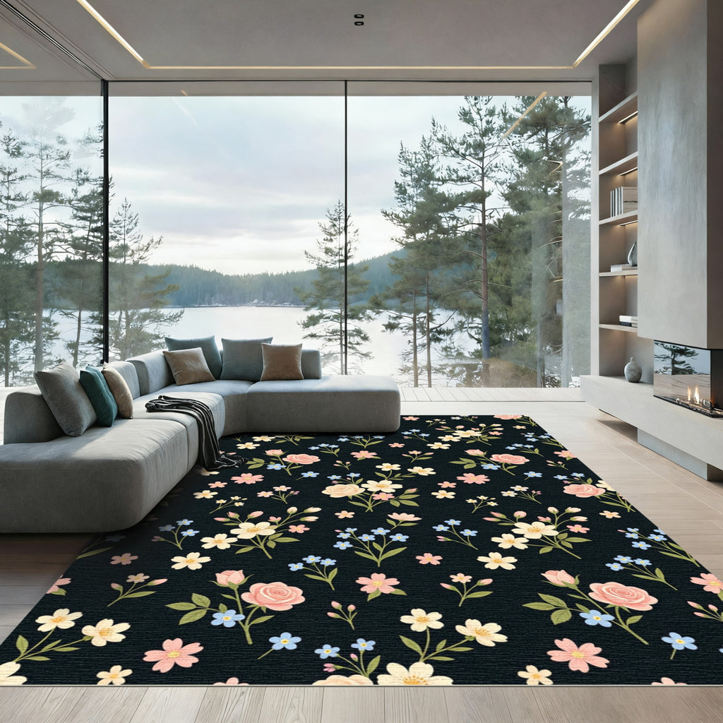 Pink Cream Floral Botanical Garden Rug