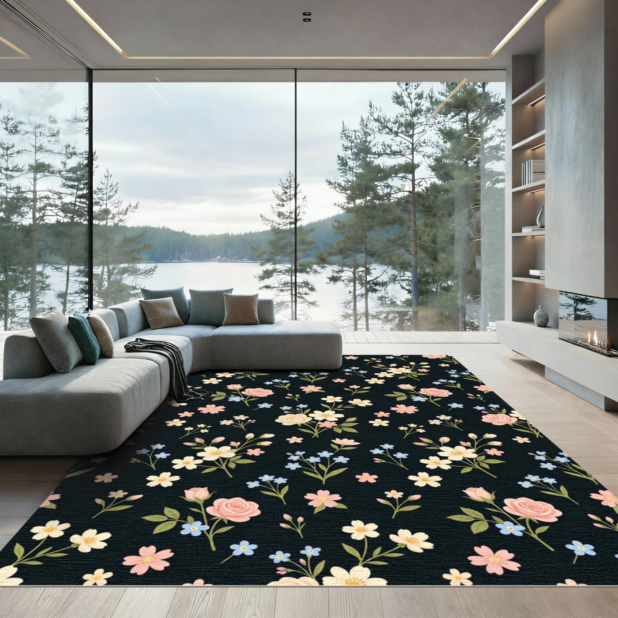 Pink Cream Floral Botanical Garden Rug