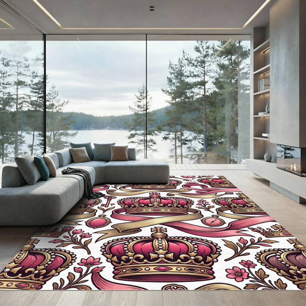 Royal Pink Gold Crown Floral Ribbons Rug