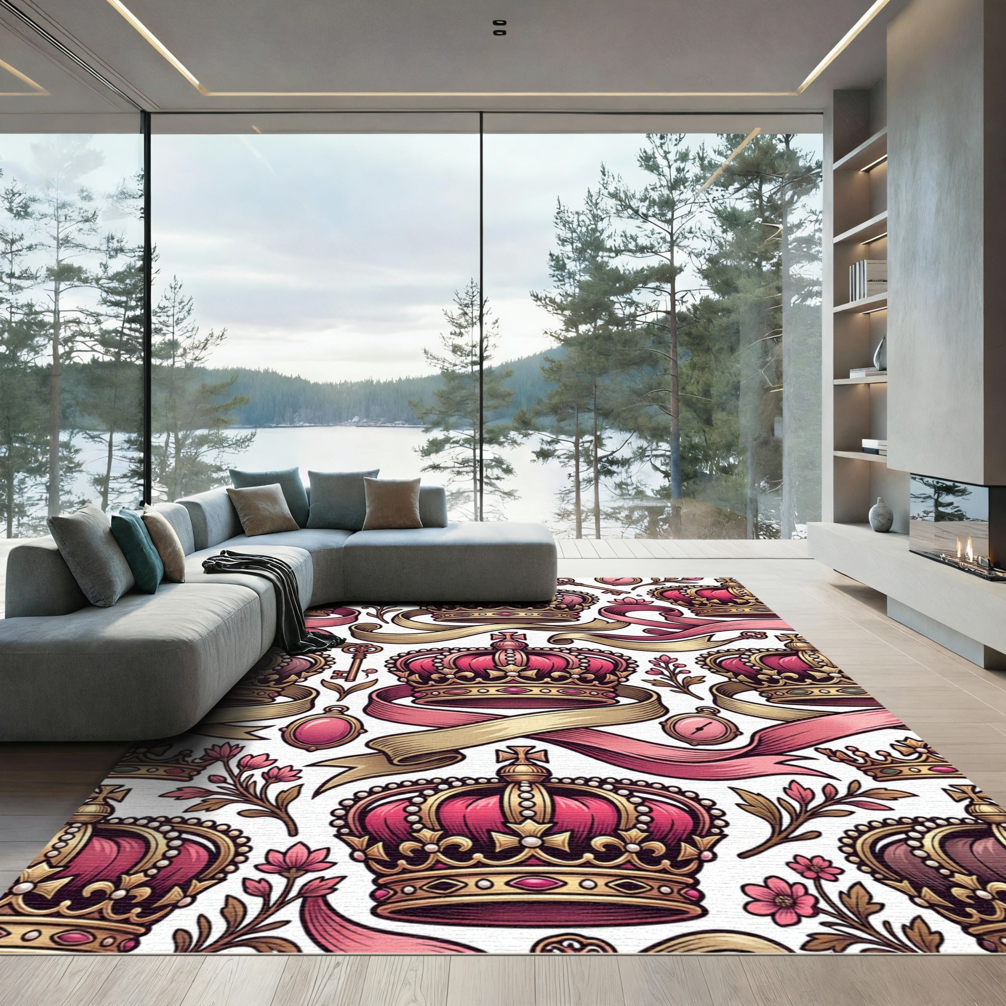 Royal Pink Gold Crown Floral Ribbons Rug
