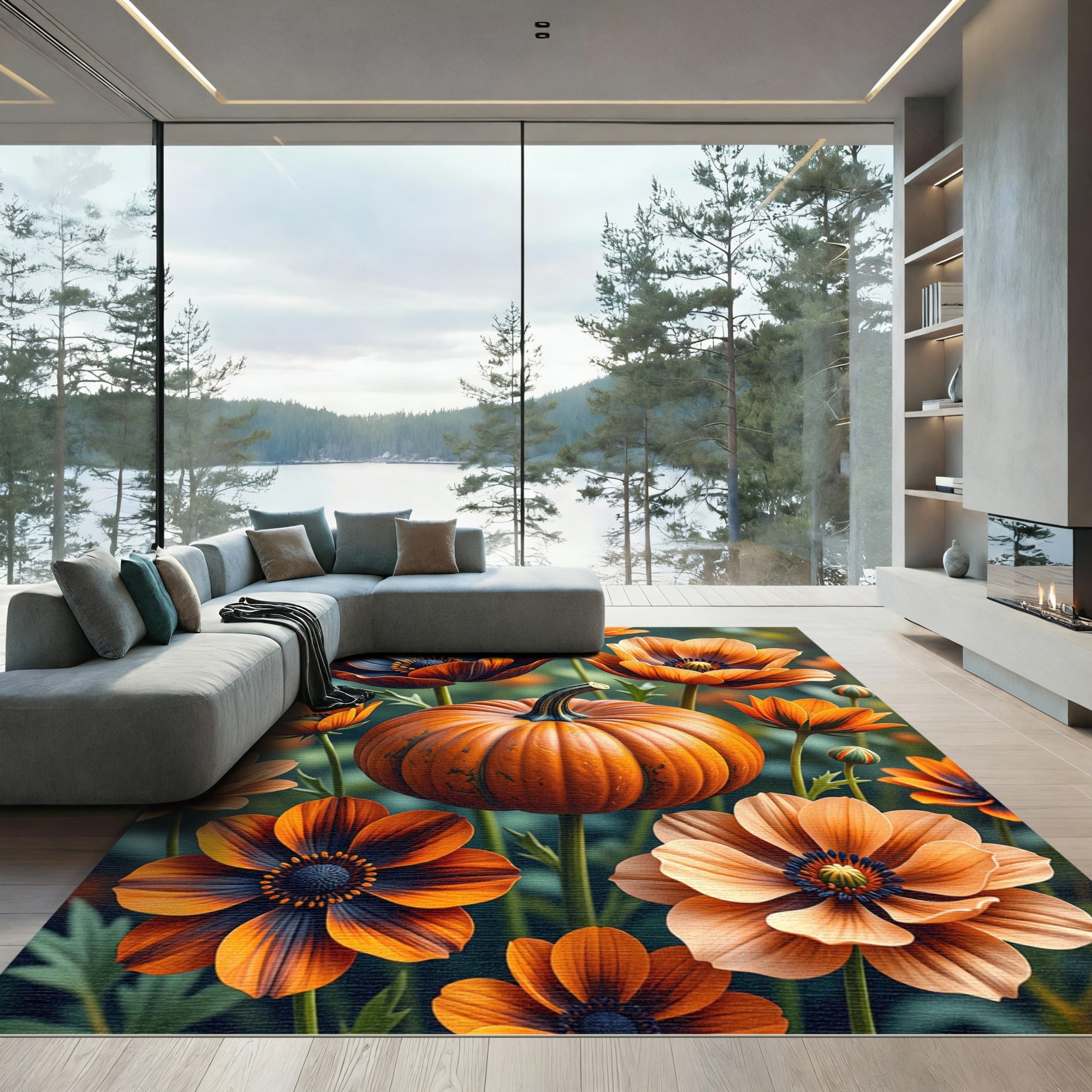 Vibrant Autumn Pumpkin Orange Floral Art Rug