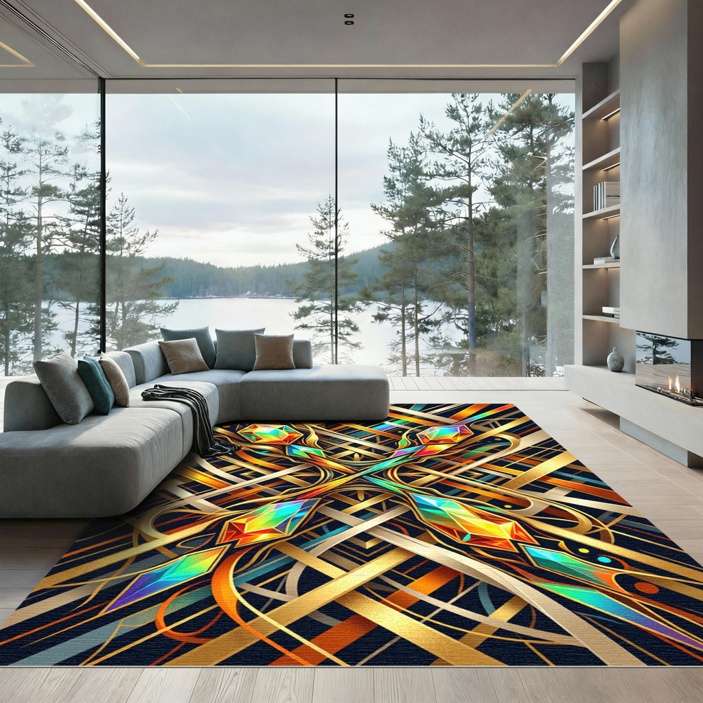 Radiant Geometric Gemstone Lattice Gold Rug