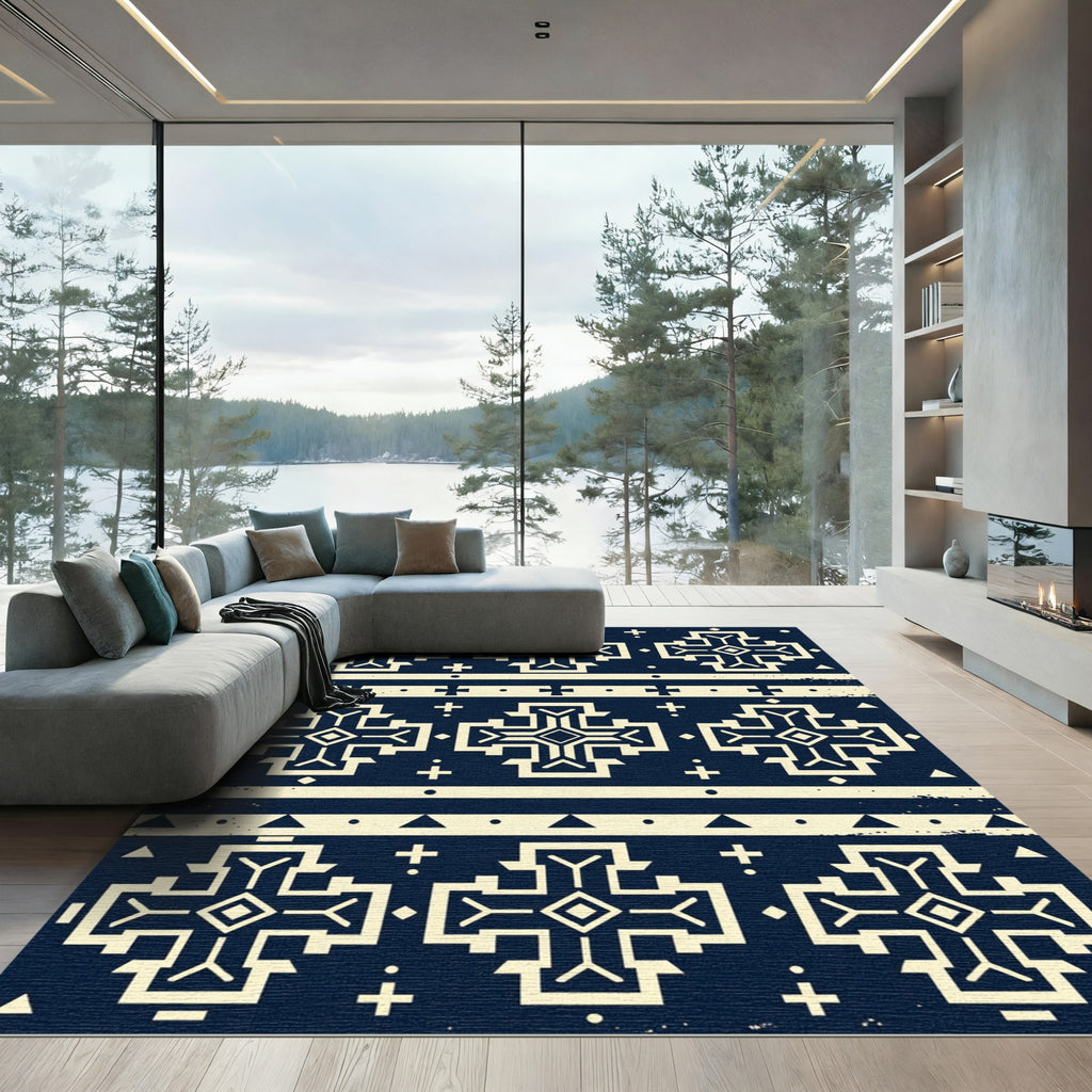 Navy Cream Geometric Southwestern Cross Rug