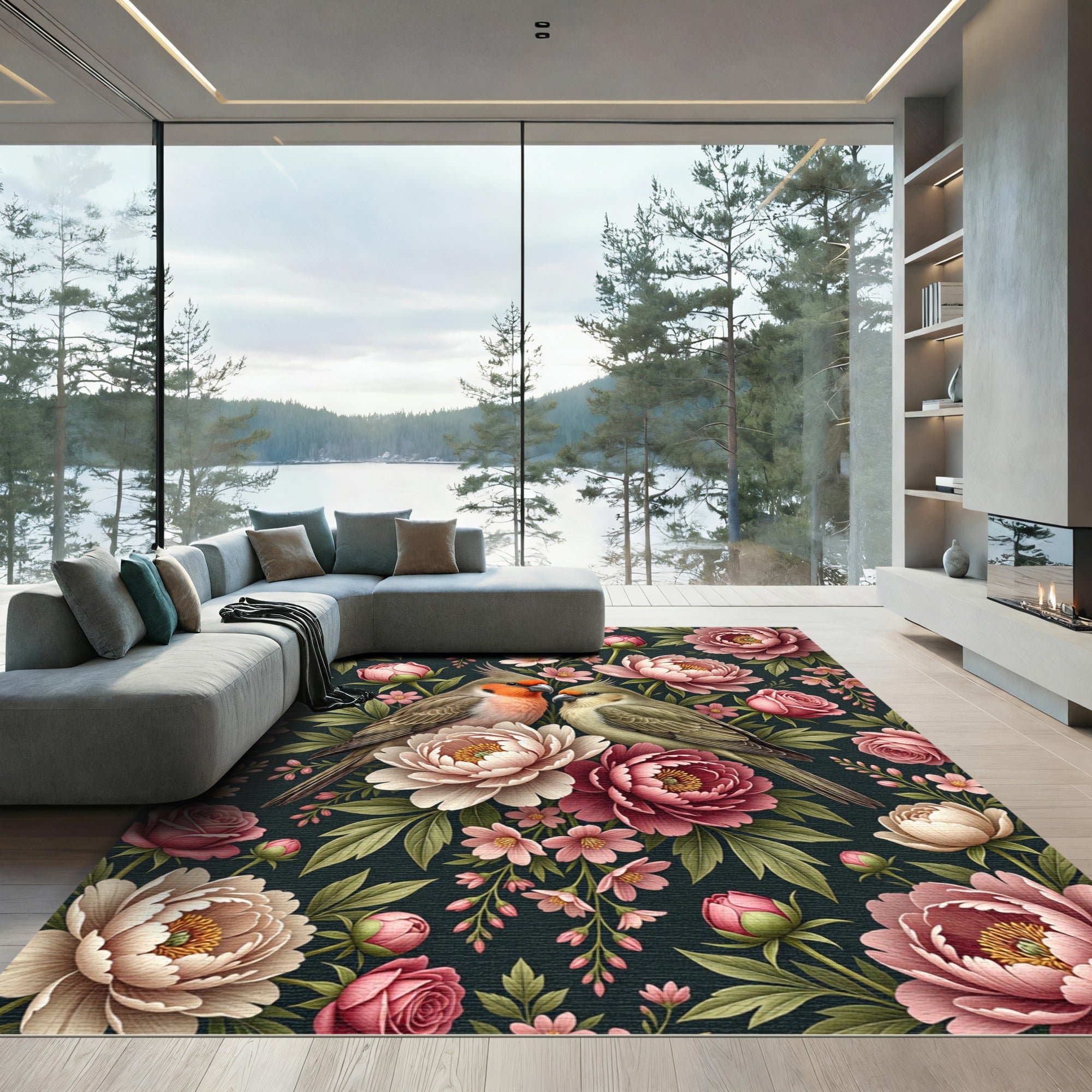 Romantic Cockatiel Garden Peony Bloom Rug
