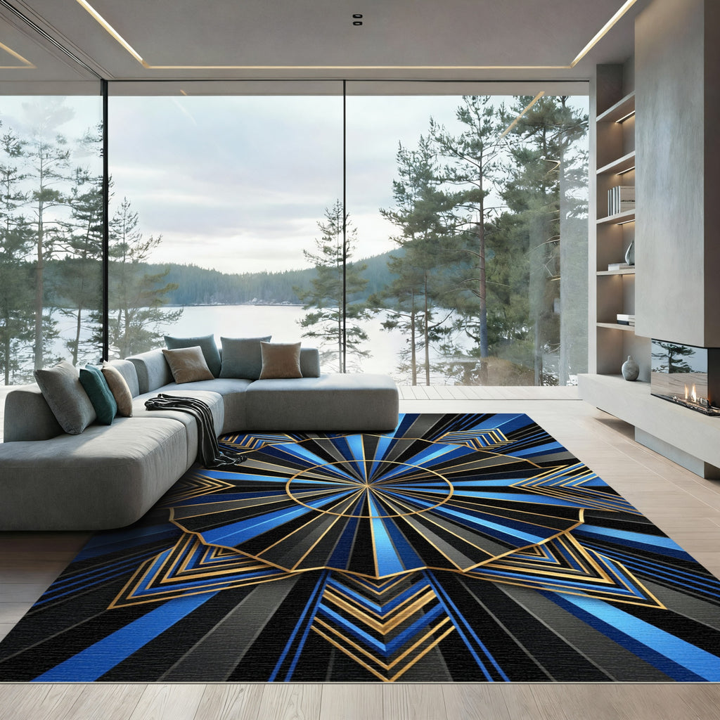 Art Deco Royal Blue Golden Sunburst Rug