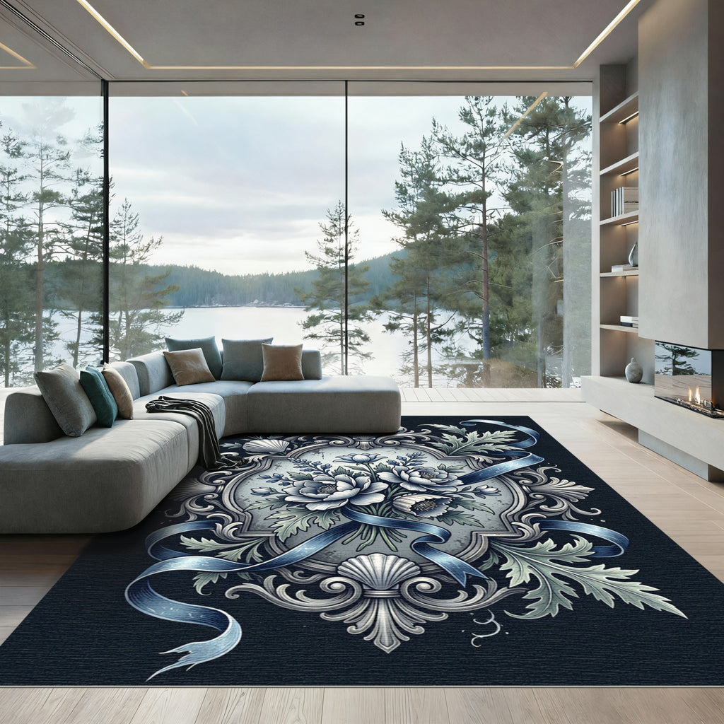 Elegant Slate Blue Floral Crest Rug