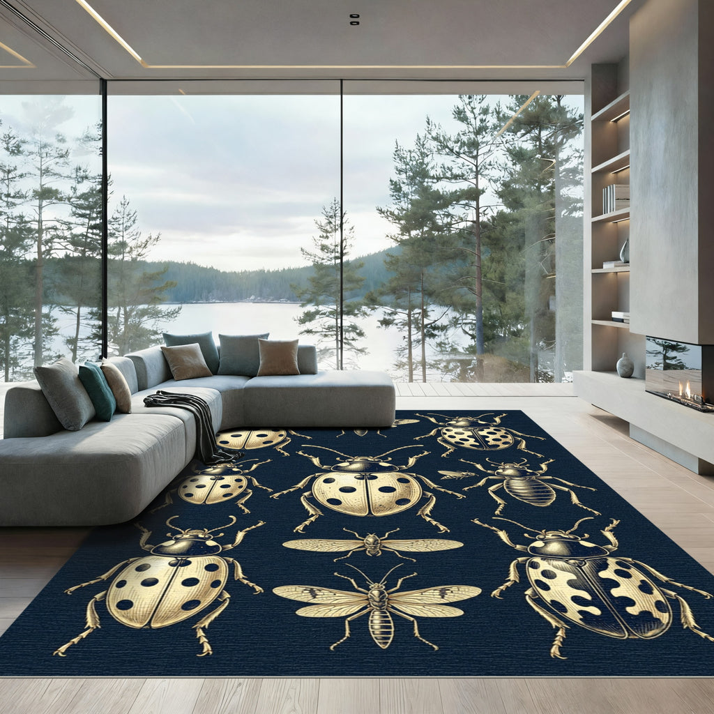 Gold Ladybug Entomological Cream Navy Illustration Rug