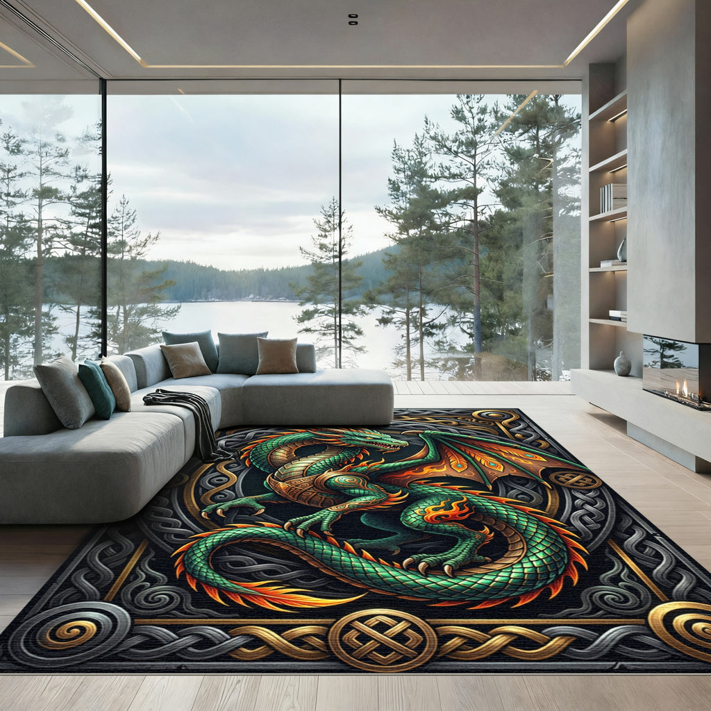 Intricate Emerald Dragon Celtic Knotwork Art Rug